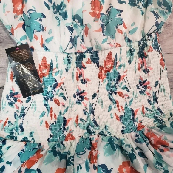 NWT Bebe Printed Smocked Tiered Mini Dress,Tropical Garden,Green/White/Orange. - Picture 7 of 11